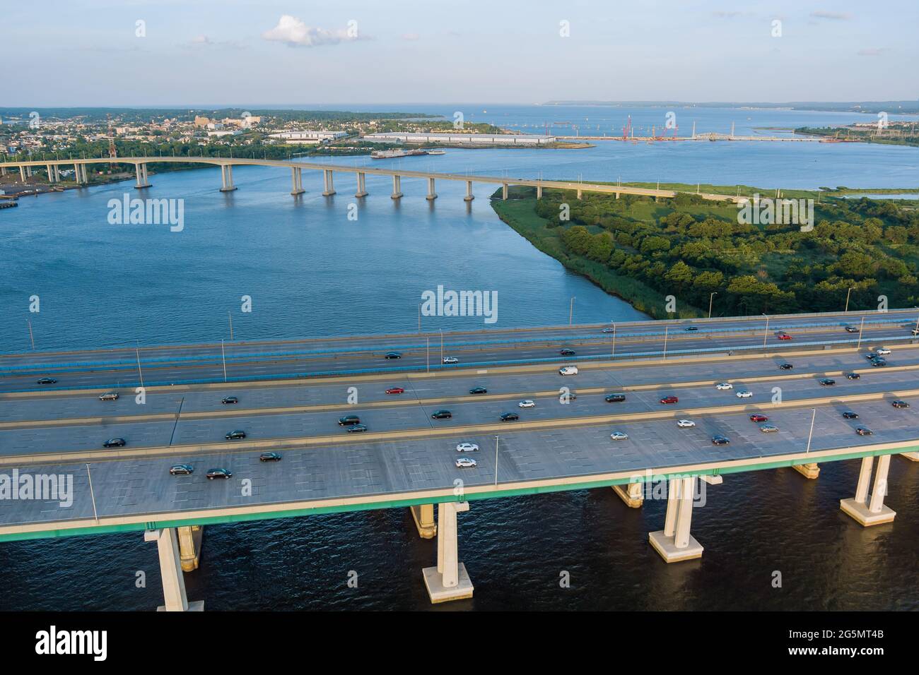 Aerial panorama view on highway traffic of cars driving on freeway across the bridge Stock Photo