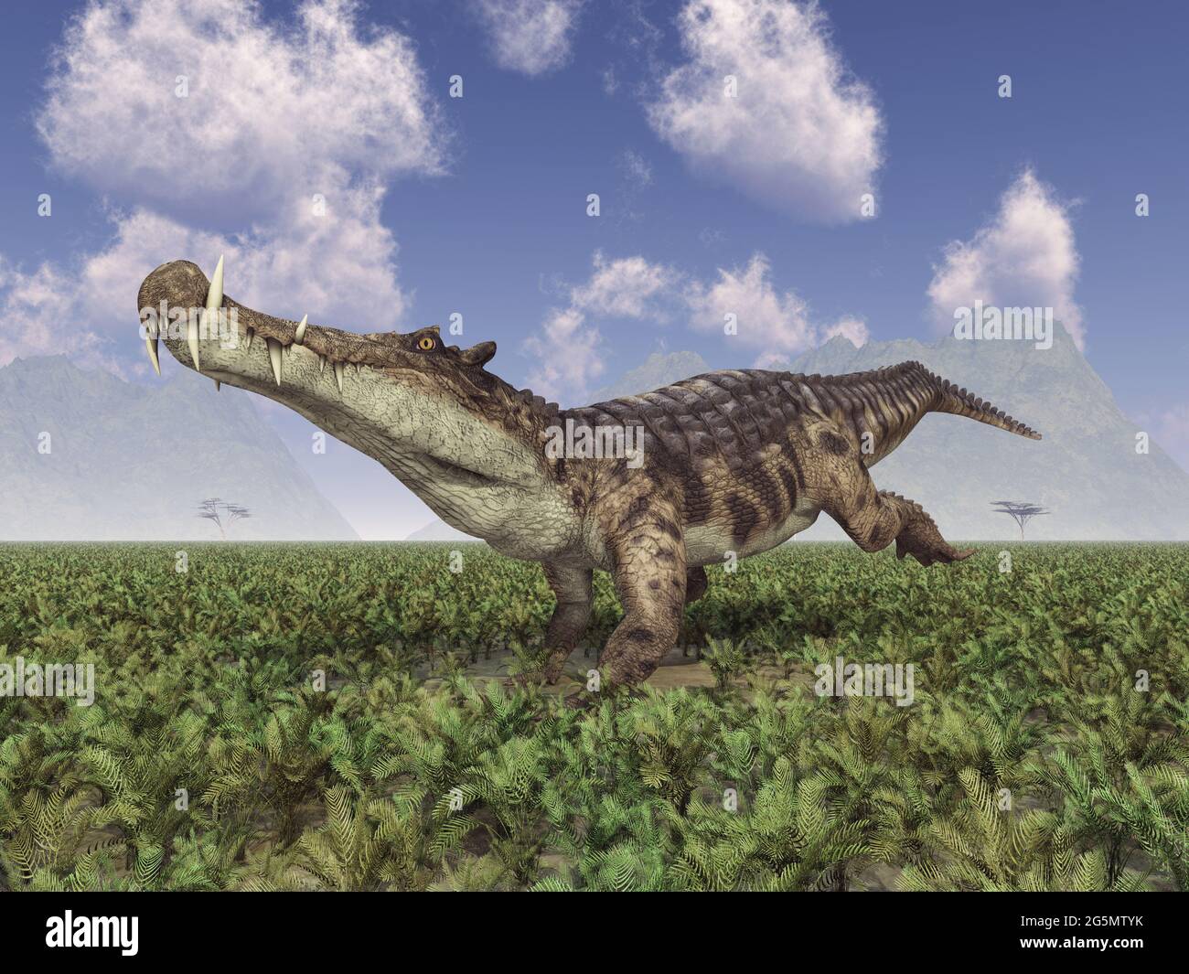 Prehistoric crocodile Kaprosuchus in a landscape Stock Photo