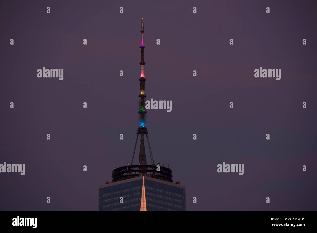 Freedom Tower antenna in rainbow colors to celebrate Pride Month in NYC Stock Photo