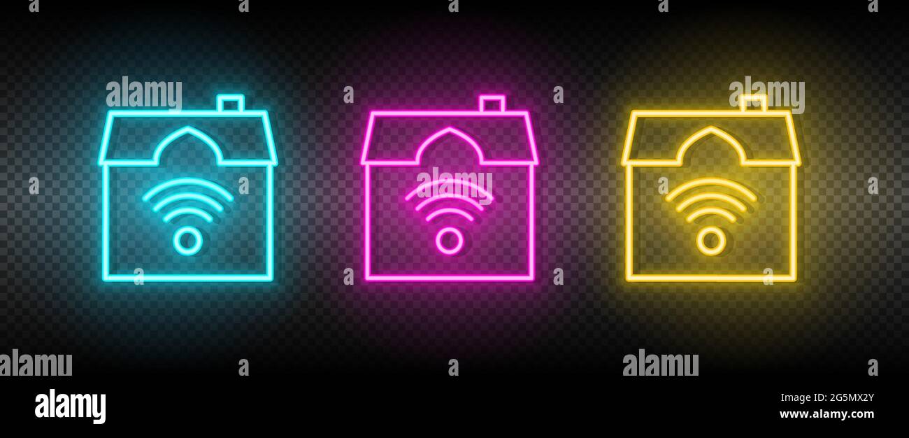 Real estate vector house, smart, Wi-Fi. Illustration neon blue, yellow, red icon set. Stock Vector