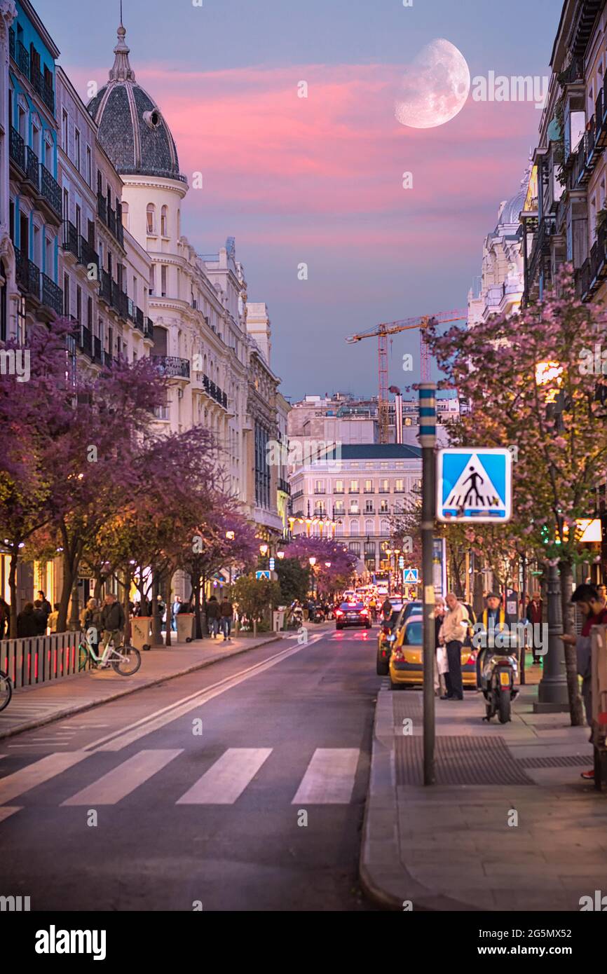 Madrid, Spain, March 26, 2019. Vertical view of the streets of the center of Madrid, the sky is edited, a dreamy sky. Stock Photo