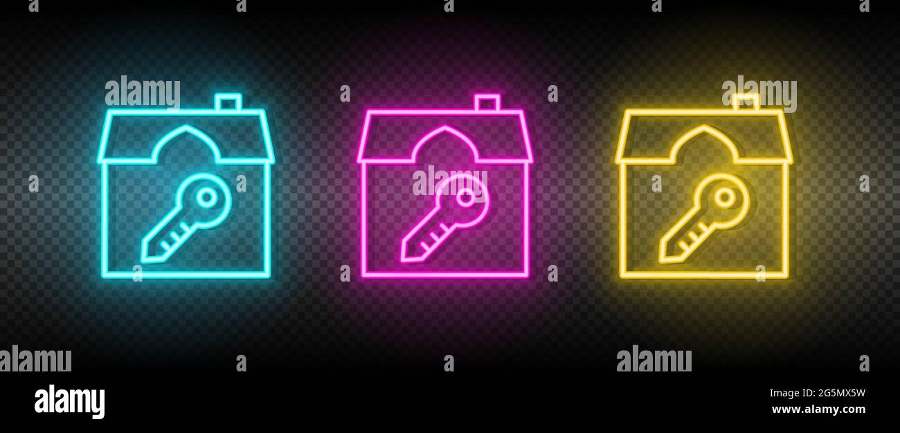 Real estate vector house, key. Illustration neon blue, yellow, red icon