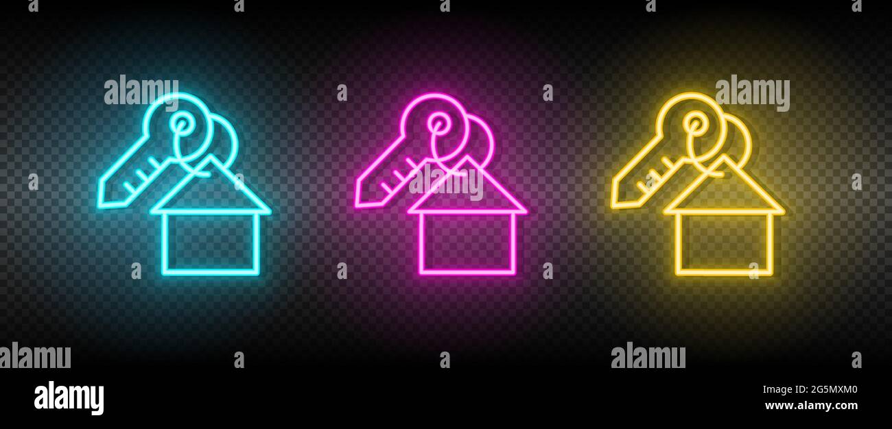 Real estate vector house, key. Illustration neon blue, yellow, red icon