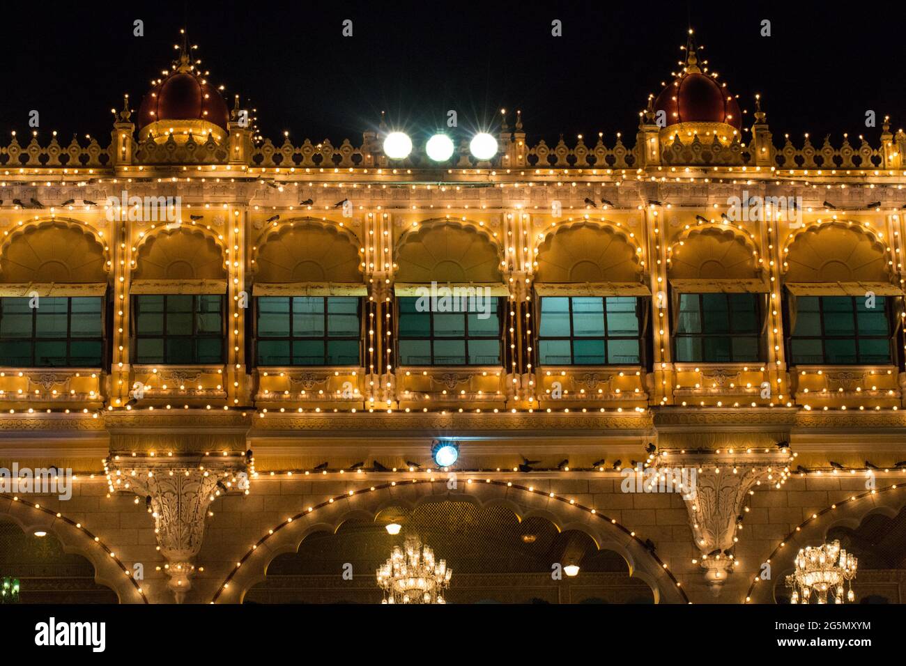 Close up of Illuminated Mysore Palace during Dasara (Vijaya Dashami) Festivals. Historic Palace, India's second most visited place at night Stock Photo