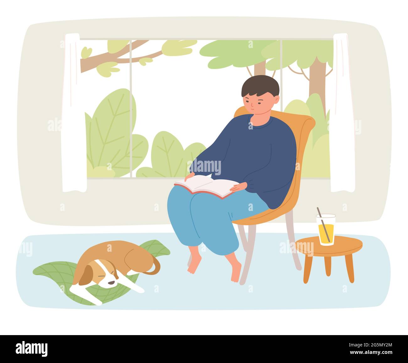 Outside the window is a garden view and a boy is reading a book. A dog is sleeping under his feet. Stock Vector