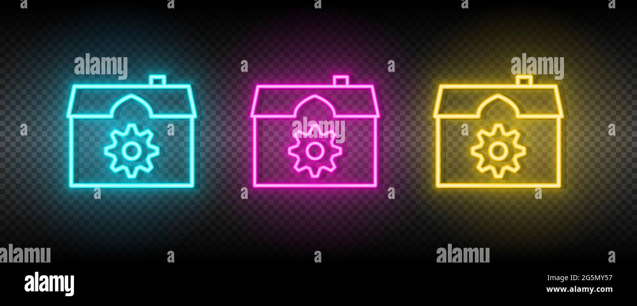 Real estate vector gear, house, settings, smart home. Illustration neon blue, yellow, red icon set. Stock Vector