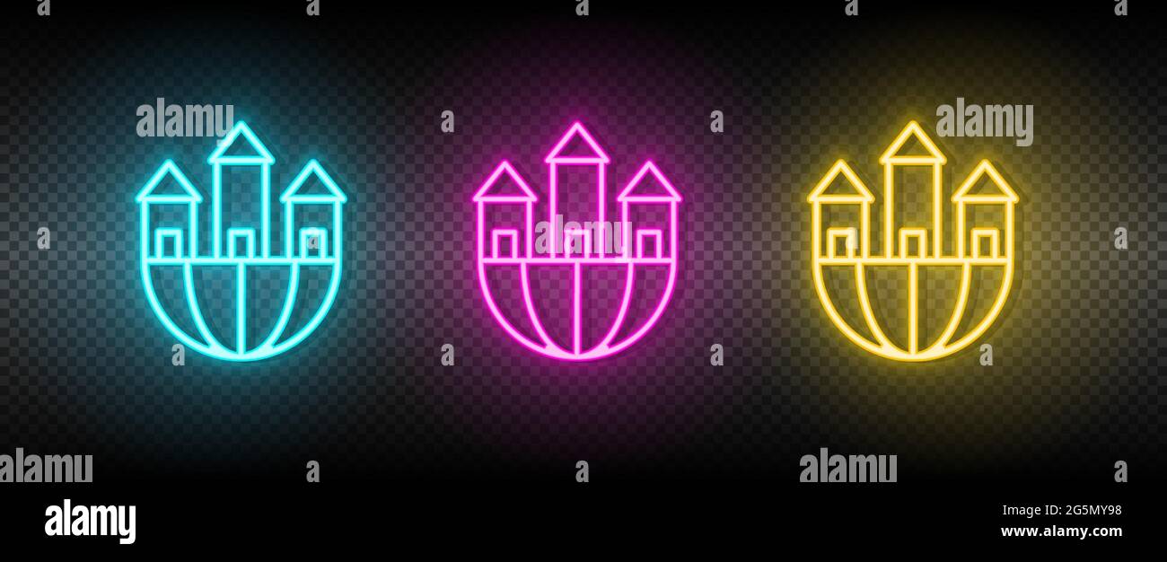 Real estate vector building, company, global. Illustration neon blue