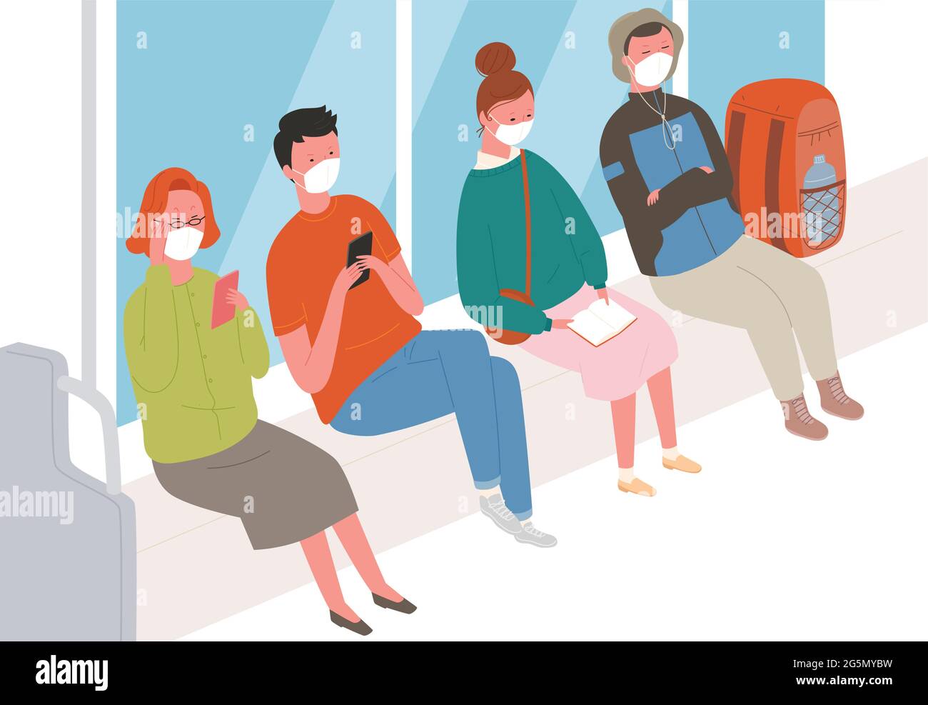 Passengers on the subway wearing masks. Stock Vector