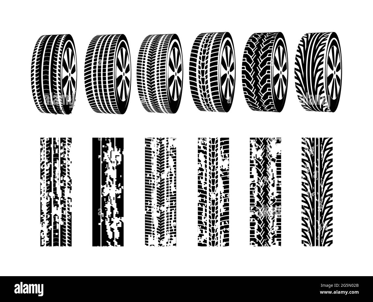 Vector black rubber tyre texture. Black tire design car texture silhouette Stock Vector