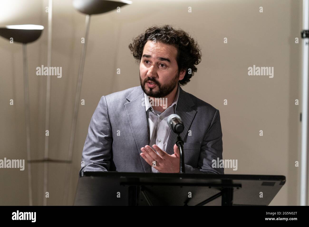 New York, NY - June 28, 2021: Omaid Sharifi speaks at unveiling ceremony for gift to UN from the Government of Islamic Republic of Afghanistan at UN Headquarters Stock Photo