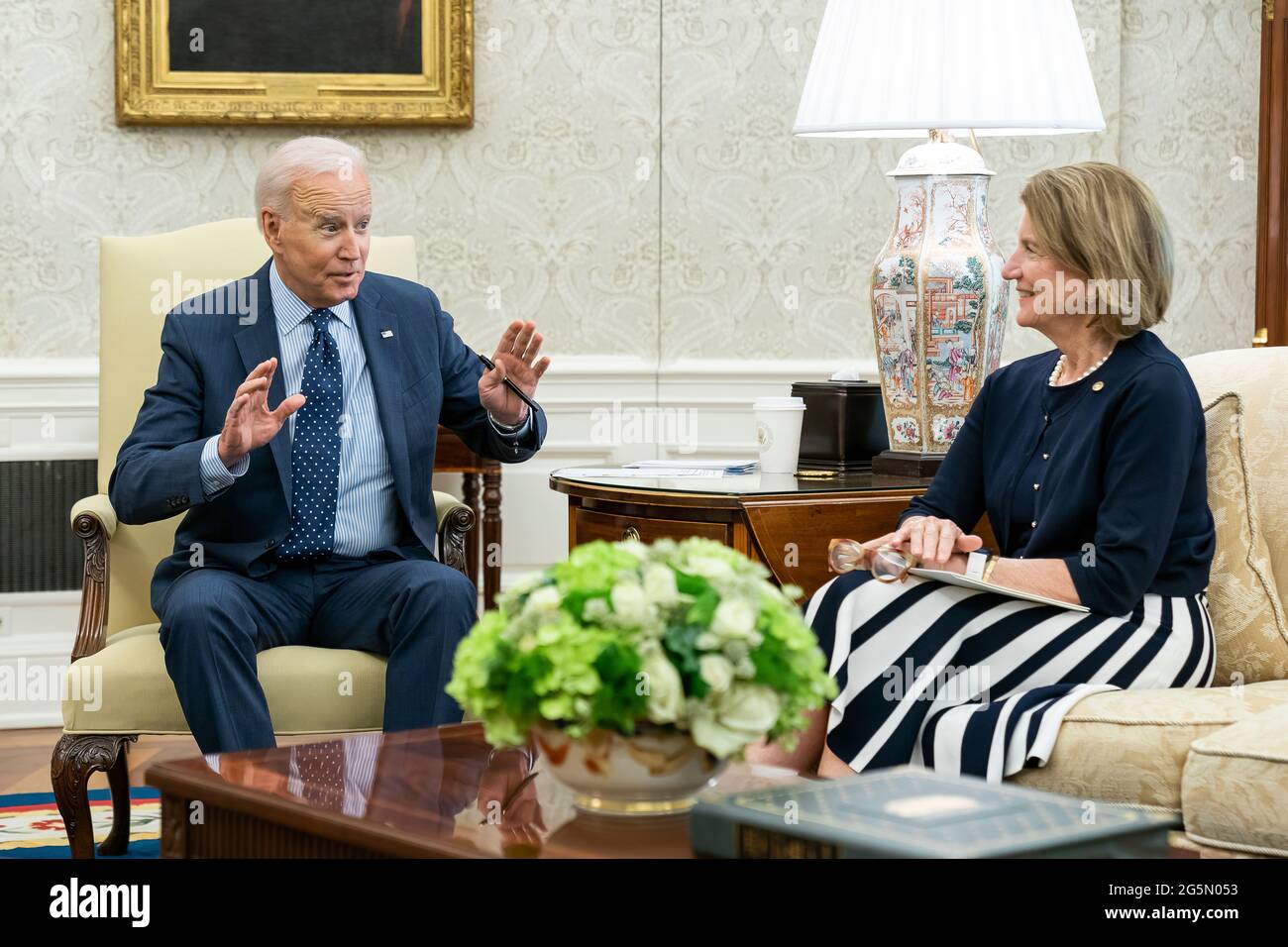 President Joe Biden meets with U.S. Senator Shelley Moore Capito, R-W.V. to talk about passing an infrastructure bill on Wednesday, June 2, 2021 in the Oval Office of the White House. (Official White House Photo by Adam Schultz) Stock Photo