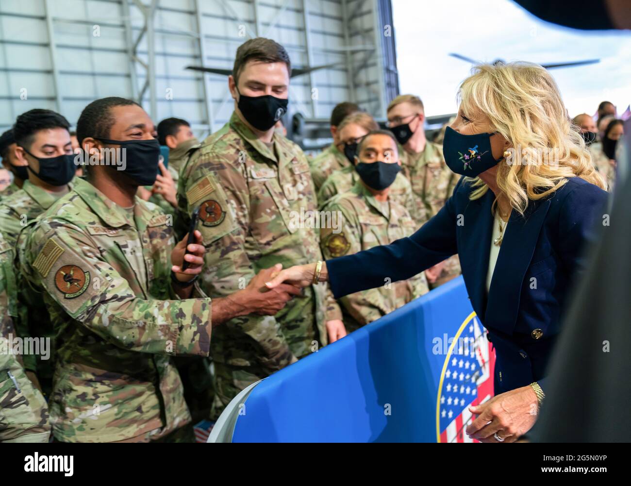 First Lady Jill Biden greets Air Force military personnel and their families on Wednesday, June 9, 2021, at Royal Air Force Mildenhall, England. (Official White House Photo by Adam Schultz) Stock Photo