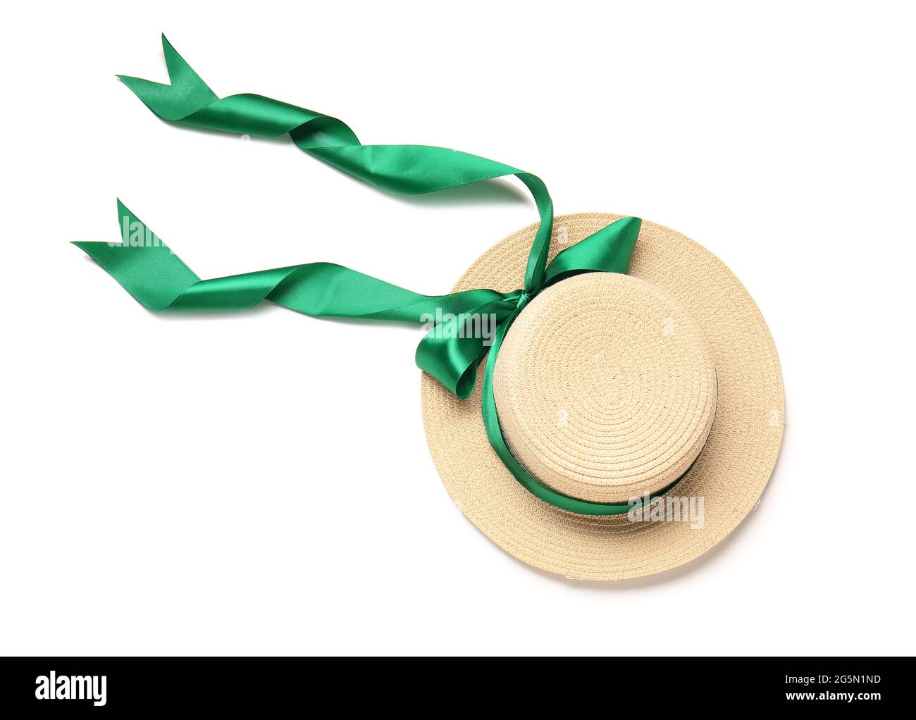 Modern hat with green ribbon on white background Stock Photo Alamy