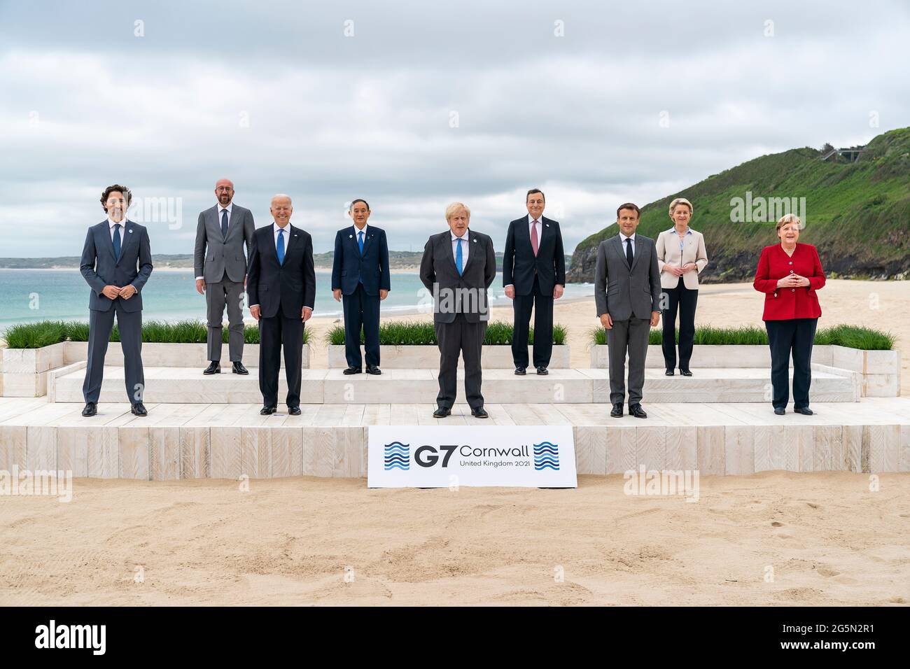 President Joe Biden takes a G7 leaders family photo on Friday, June 11, 2021, at the Carbis Bay Hotel and Estate in St. Ives, Cornwall, England. (Official White House Photo by Adam Schultz) Stock Photo