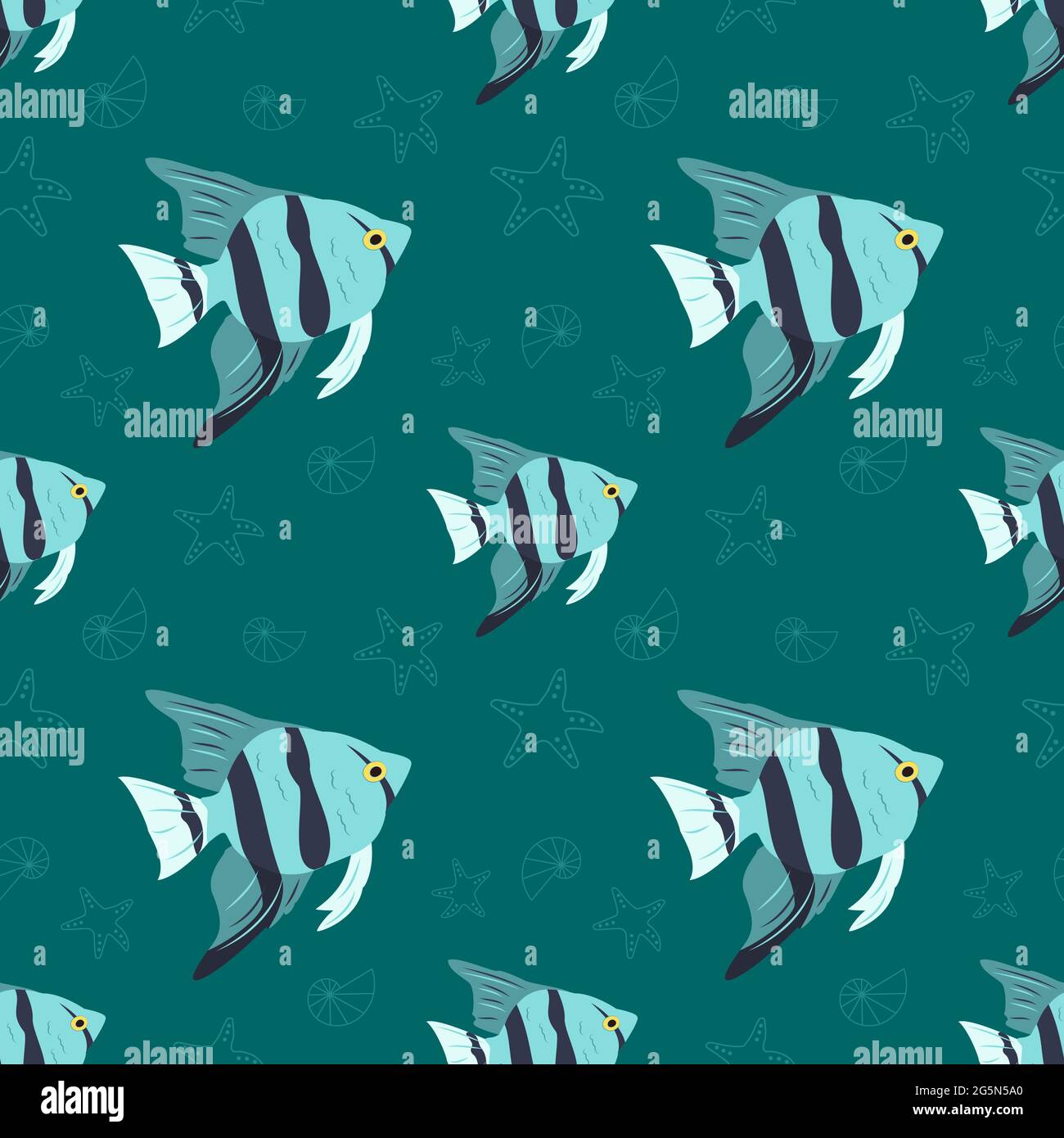Summer marine pattern with fish, starfish and shells on a blue ...
