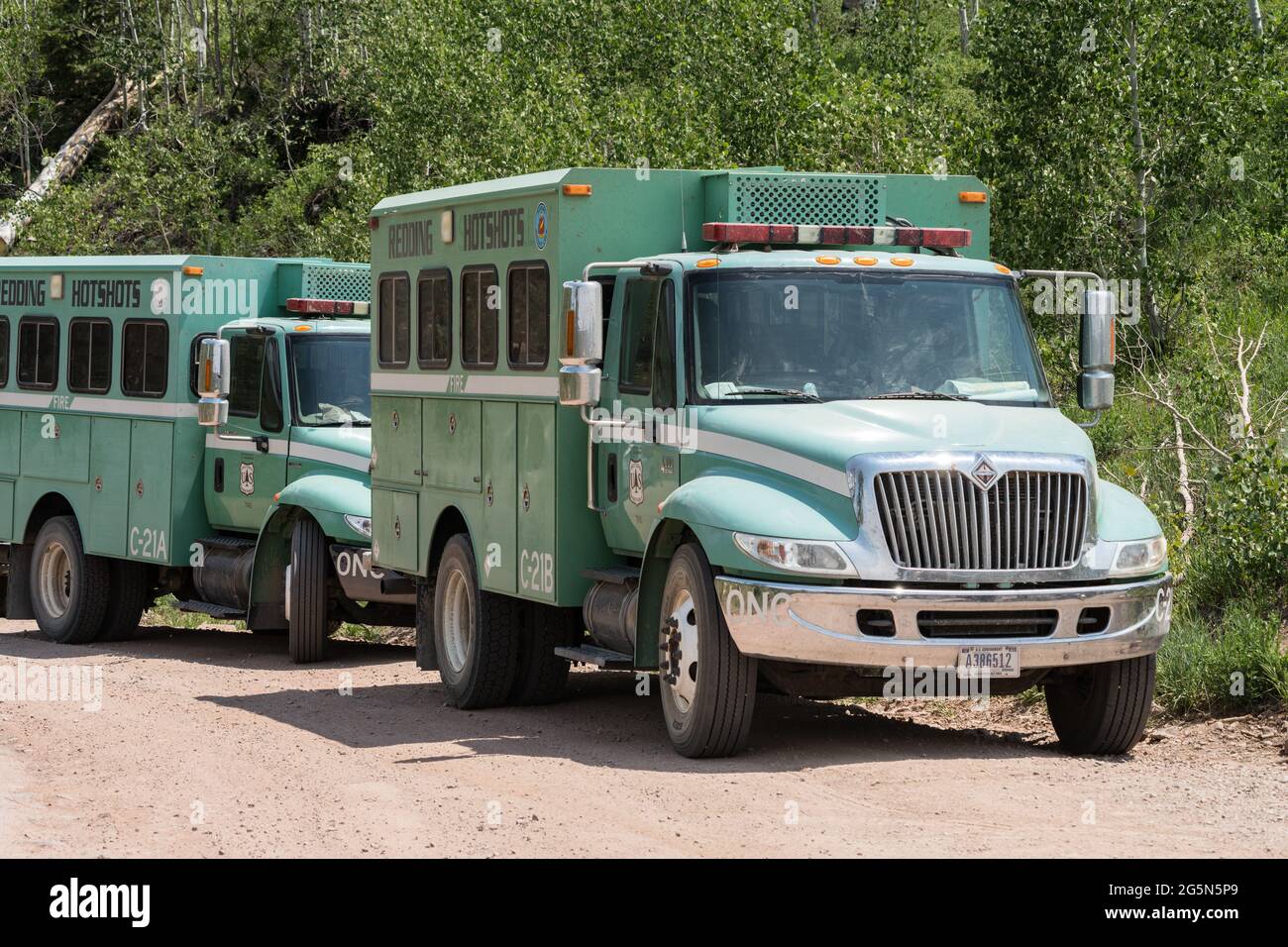 The heavyduty International crew trucks of the Redding Hotshots