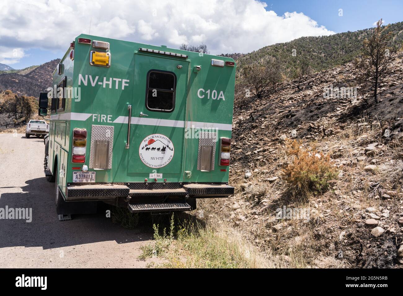 The heavy-duty International crew truck of the Black Mountain Hotshots firefighting crew from Nevada. Stock Photo