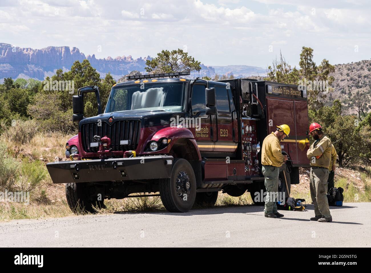 A heavy-duty International HV firefighting water tender truck on a the Pack Creek Fire in Utah. Stock Photo