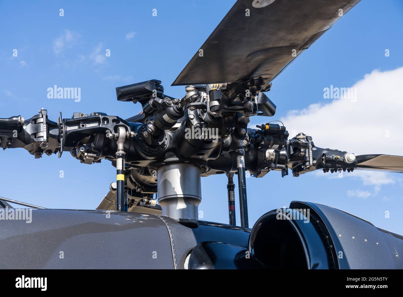 The fully articulated rotor head or rotor hub on a Sikorsky UH-60 helicopter. Stock Photo