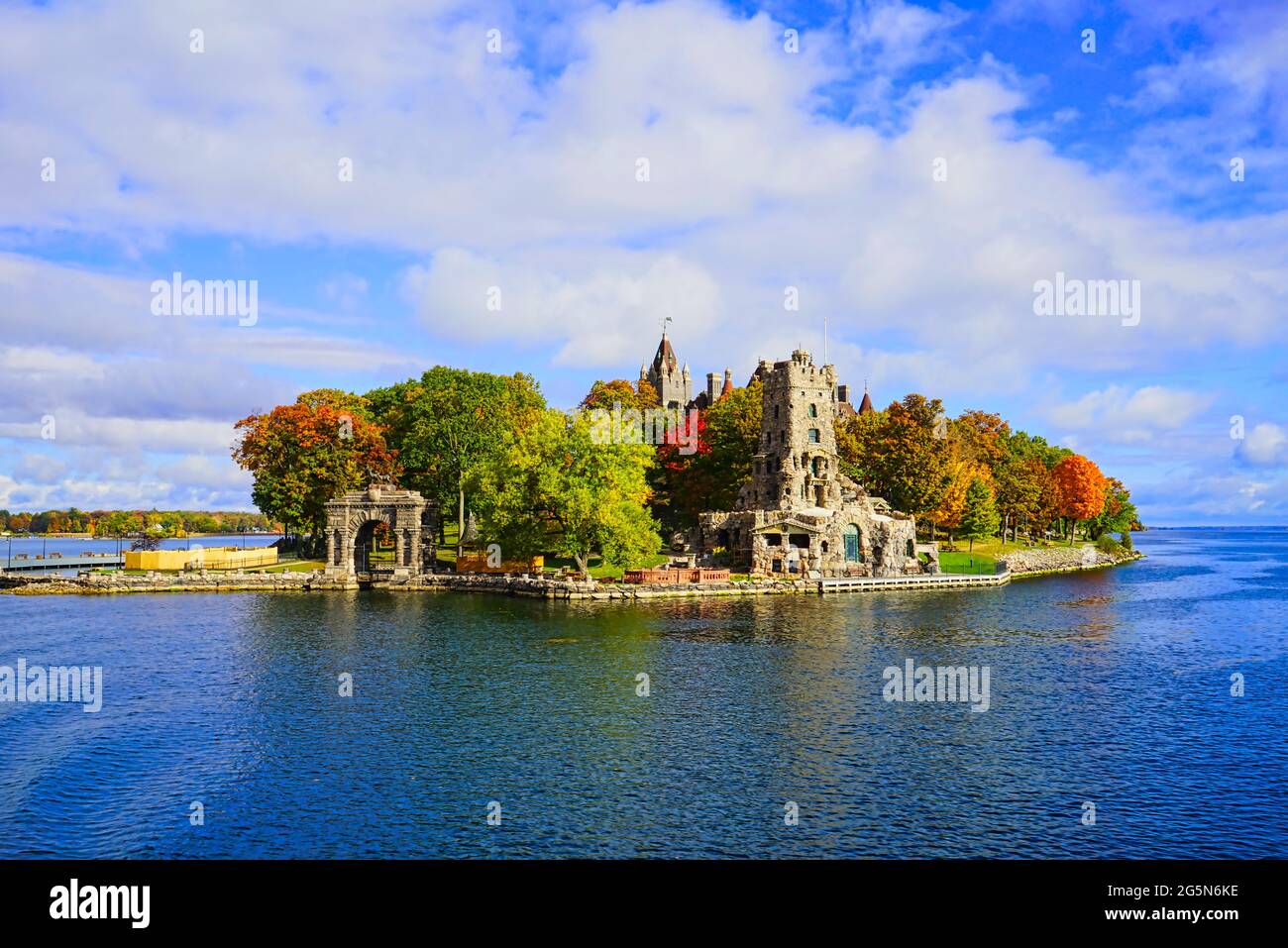Historic Boldt Castle on Heart Island. Tree, leaves, river, blue sky