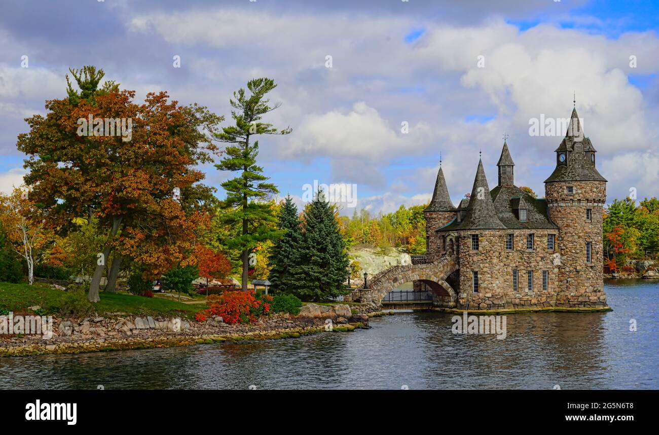 Historic Boldt Castle on Heart Island. Tree, leaves, river, blue sky
