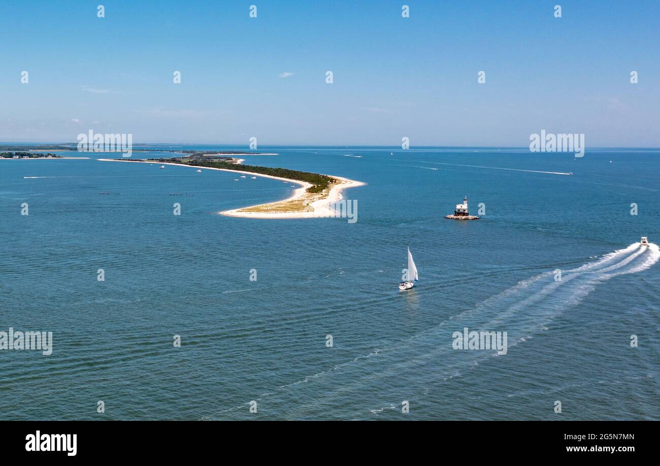 Aerial view of Long Beach Bar 'Bug' Lighthouse, Orient, NY Stock Photo