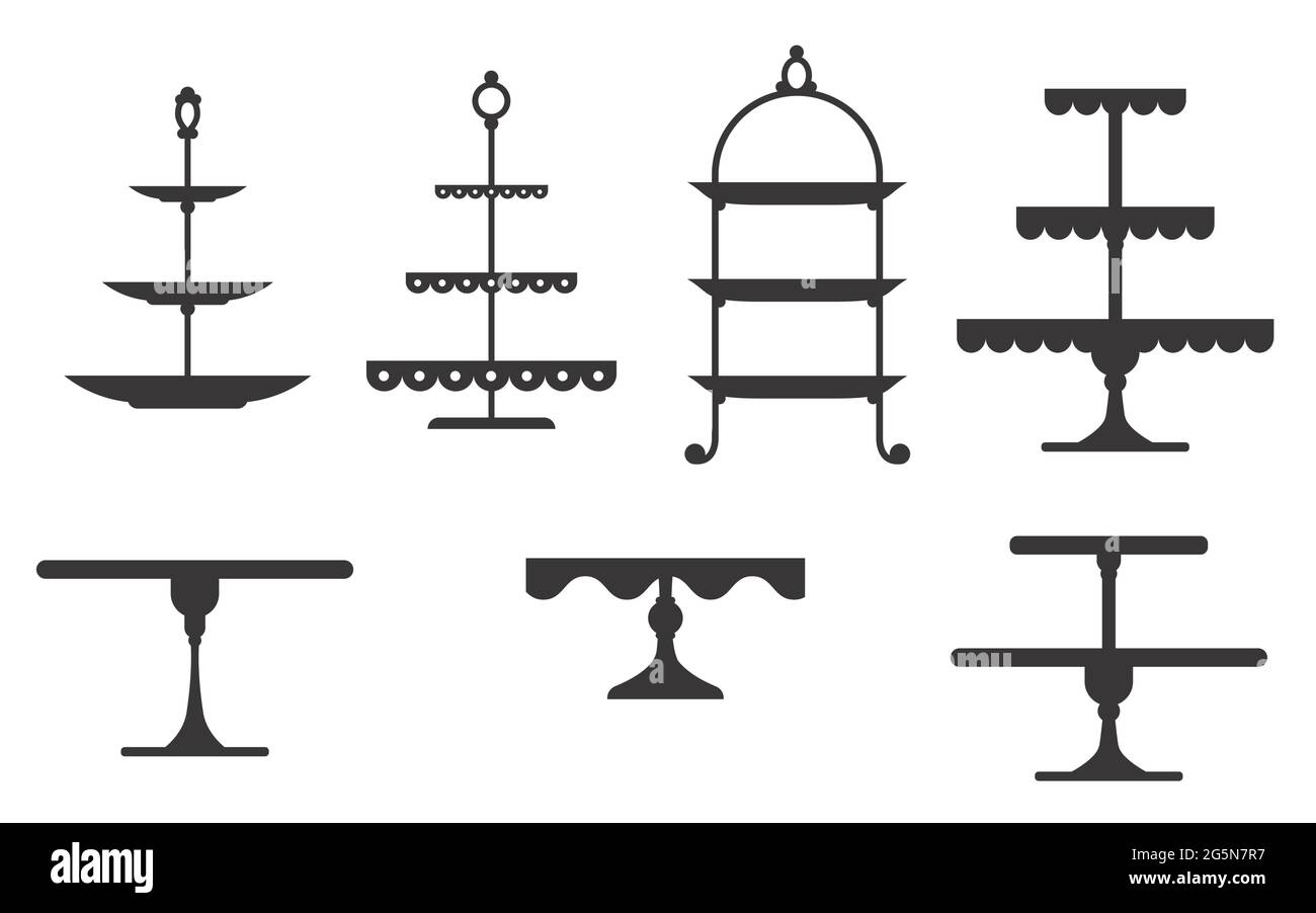 Set of cake stands in flat icon style. Empty trays for fruit and ...