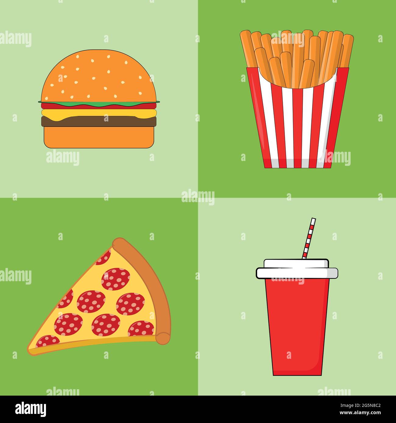 https://c8.alamy.com/comp/2G5N8C2/vector-fresh-burger-with-salad-cutlet-tomato-cheese-sesame-bun-french-fries-pizza-margarita-and-disposable-red-cup-with-hook-and-straw-on-plain-2G5N8C2.jpg