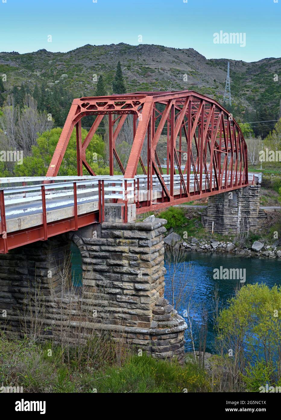 Clyde Bridge on The Clutha River, Otago in Spring, New Zealand. Stock Photo