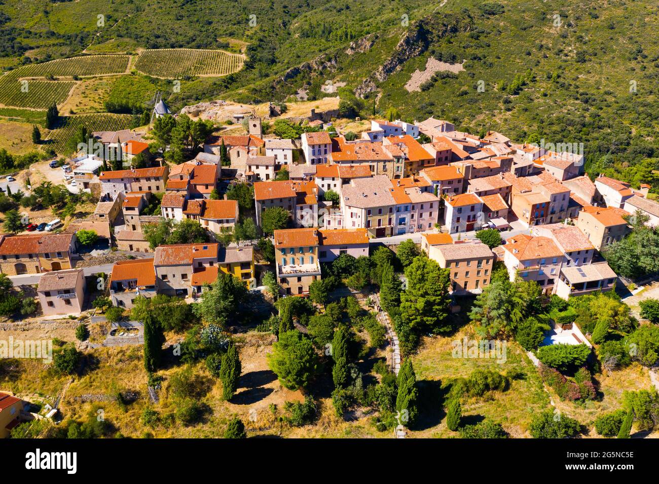 Aerial view of small french village Cucugnan Stock Photo