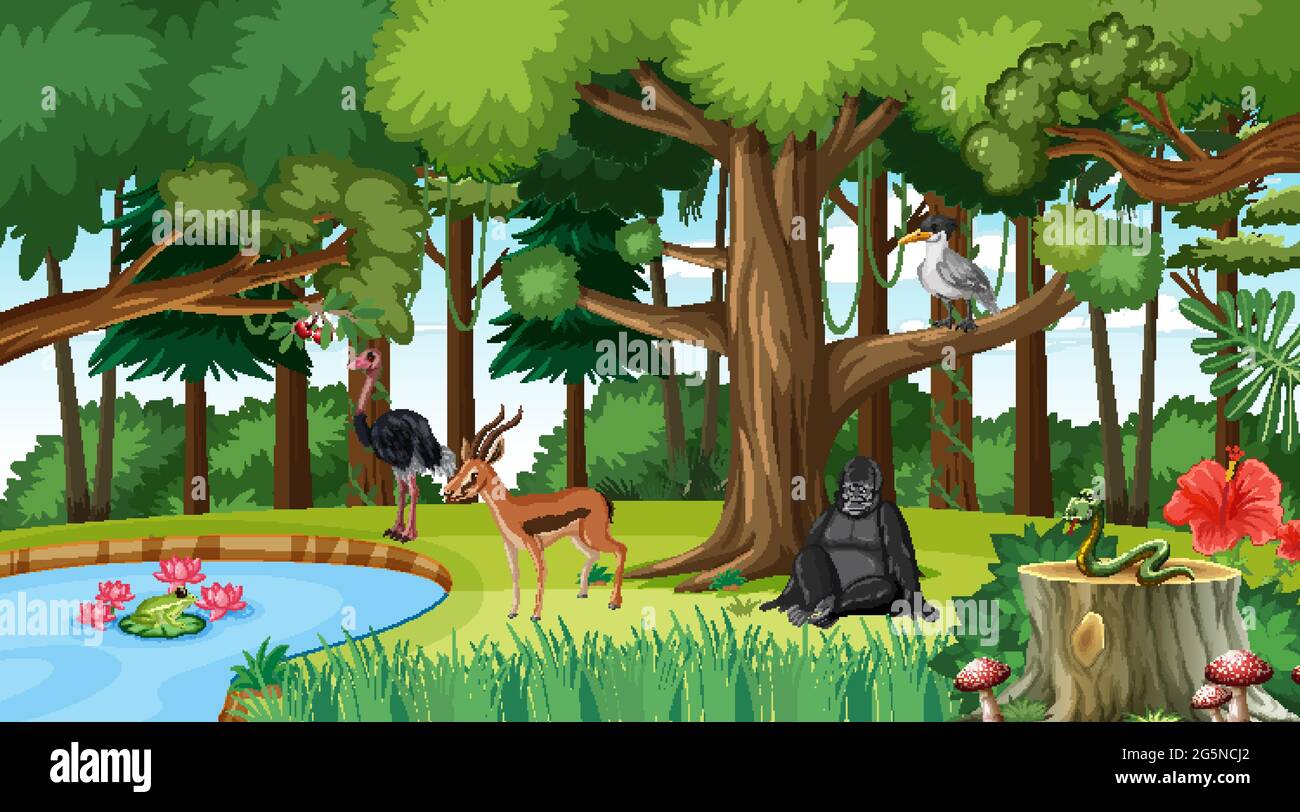 Forest scene with different wild animals illustration Stock Vector ...
