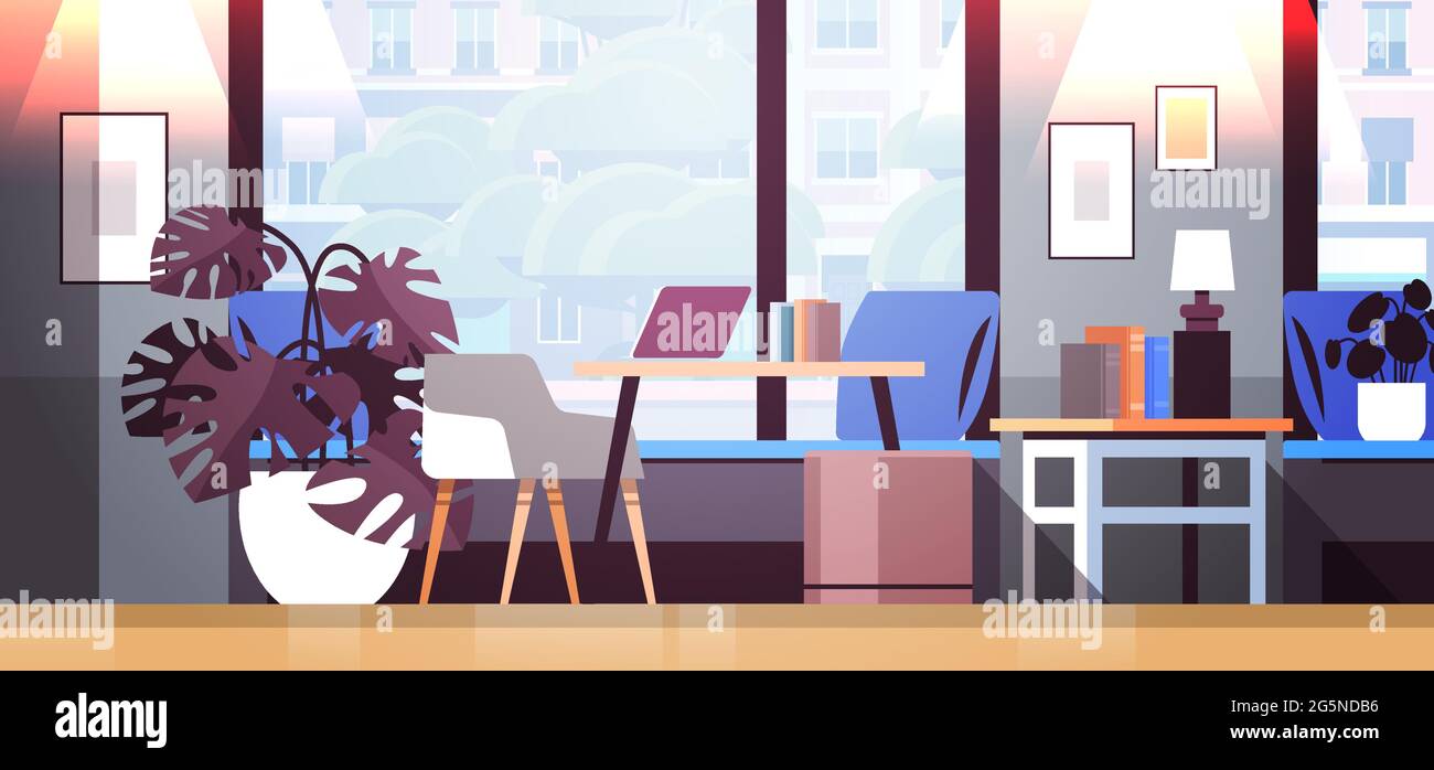 creative workplace modern open space empty nobody office interior contemporary co-working center Stock Vector