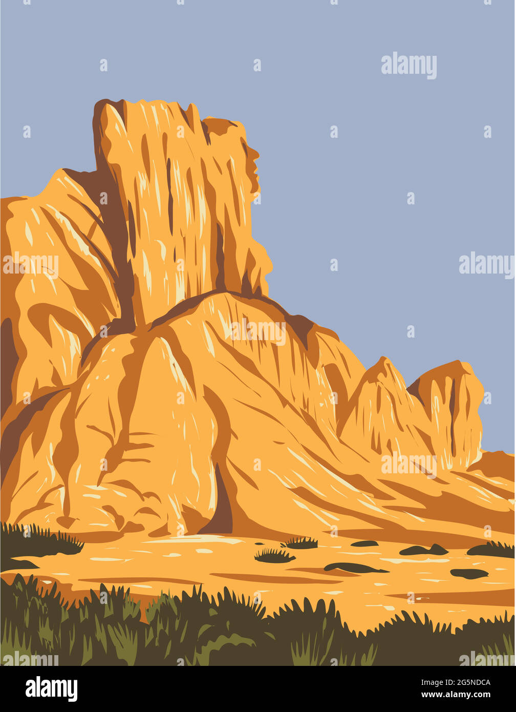 WPA poster art of narrow faulted mountain chains and flat arid valleys or basins within Basin and Range National Monument in Lincoln and Nye county, N Stock Vector