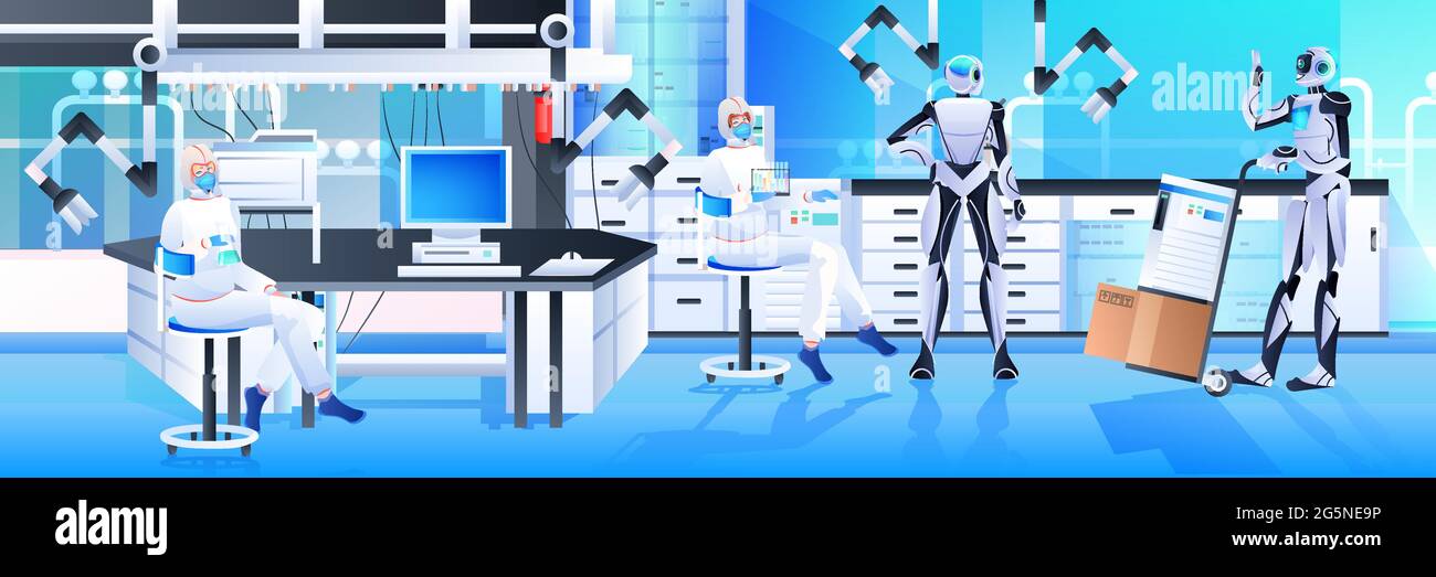 robots with scientists in protective suits making experiments in lab genetic engineering artificial intelligence concept Stock Vector