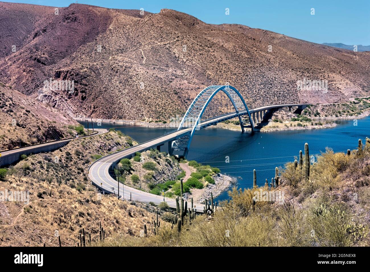 View of Roosevelt Lake Bridge from the Arizona Trail, Roosevelt, Arizona, U.S.A Stock Photo