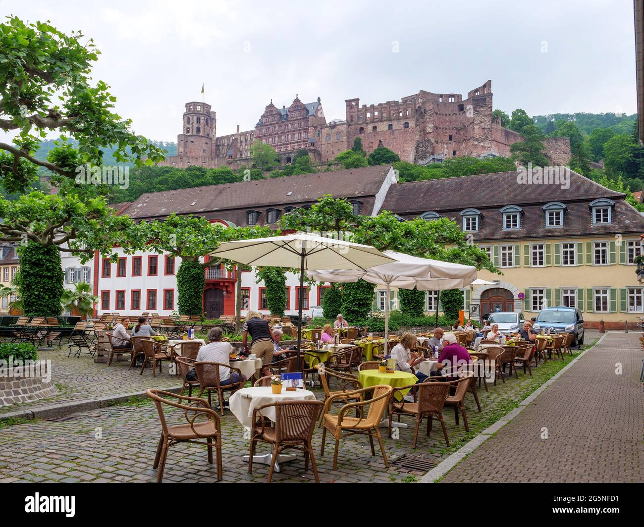 castle, Street Restaurant at Karlsplatz, Heidelberg, Baden-Wuerttemberg, Germany, Europe Stock Photo