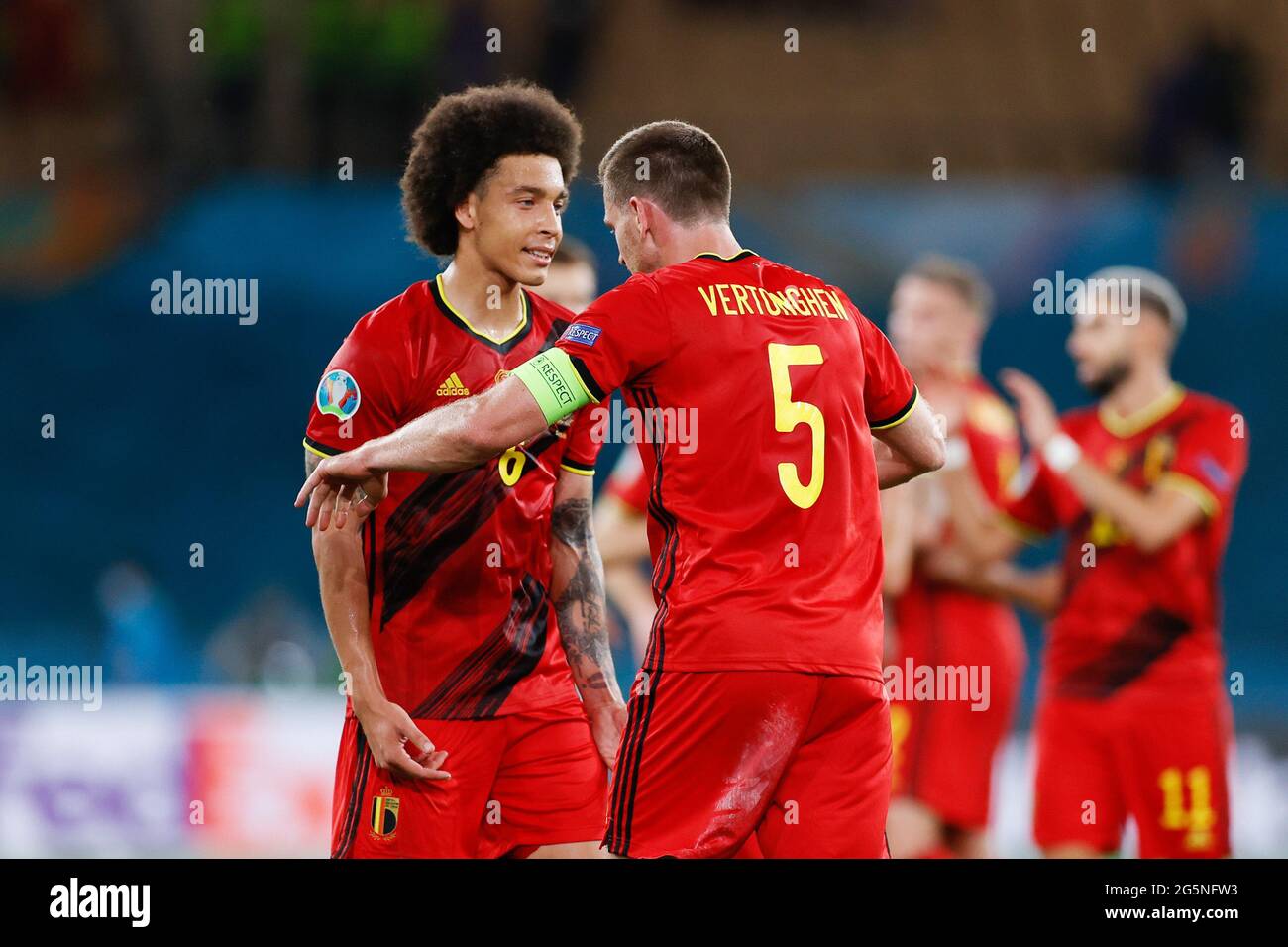 Jan Vertonghen of Belgium celebrates the victory with Axel Witsel of  Belgium at the final whistle during the UEFA EURO 2020, Round of 16  football match between Belgium and Portugal on June