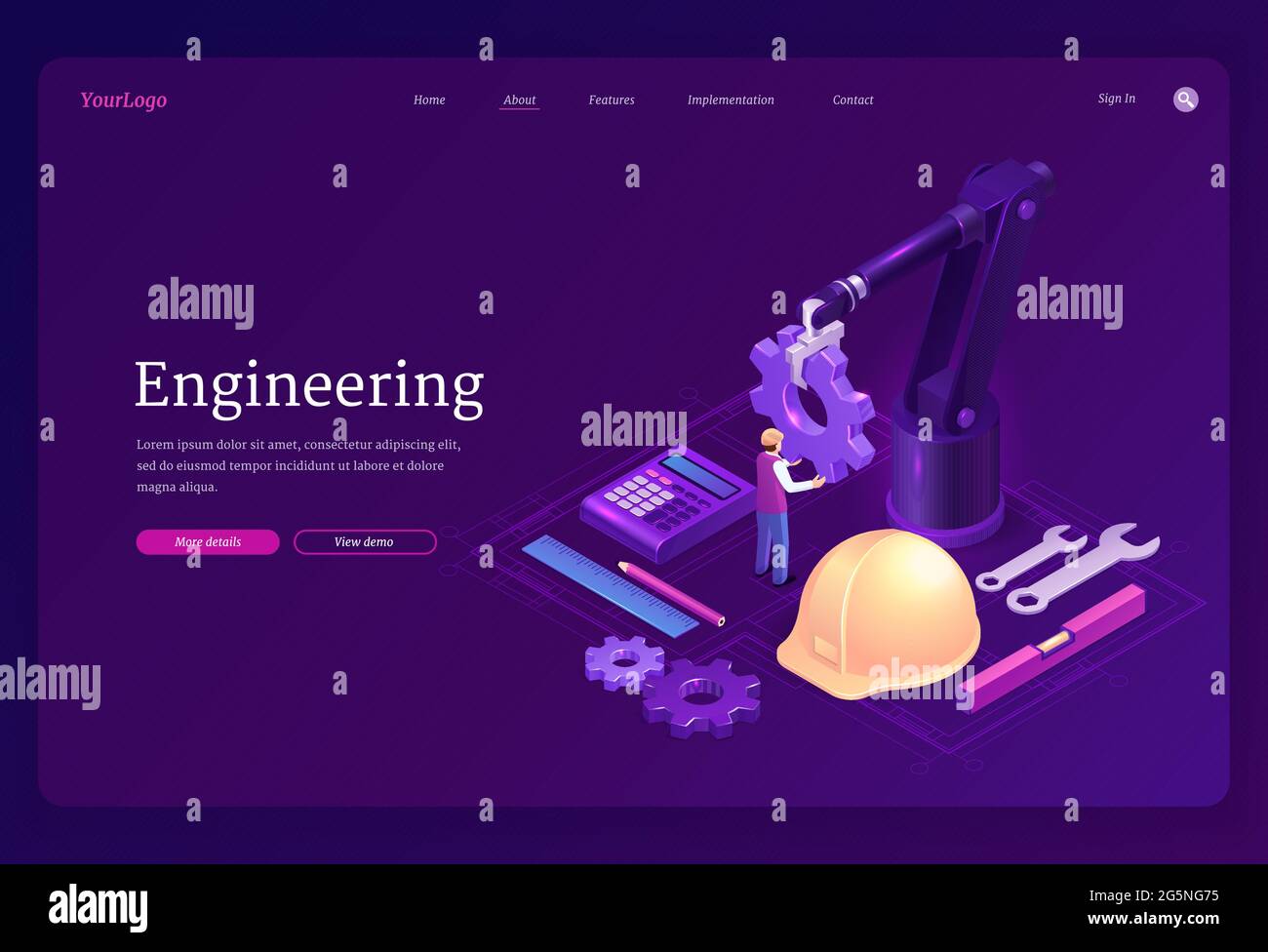 Engineering isometric landing page. Engineer on robotics factory with