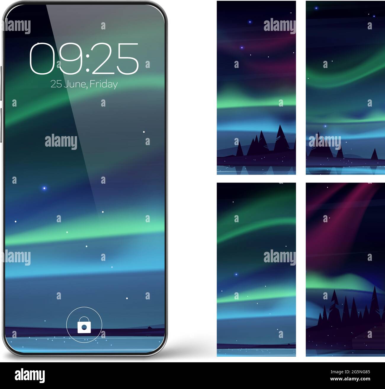 Smartphone lock screen with aurora borealis. Mobile phone onboard page with date and time, northern lights wallpapers background for cellphone device, Cartoon user interface design set Stock Vector