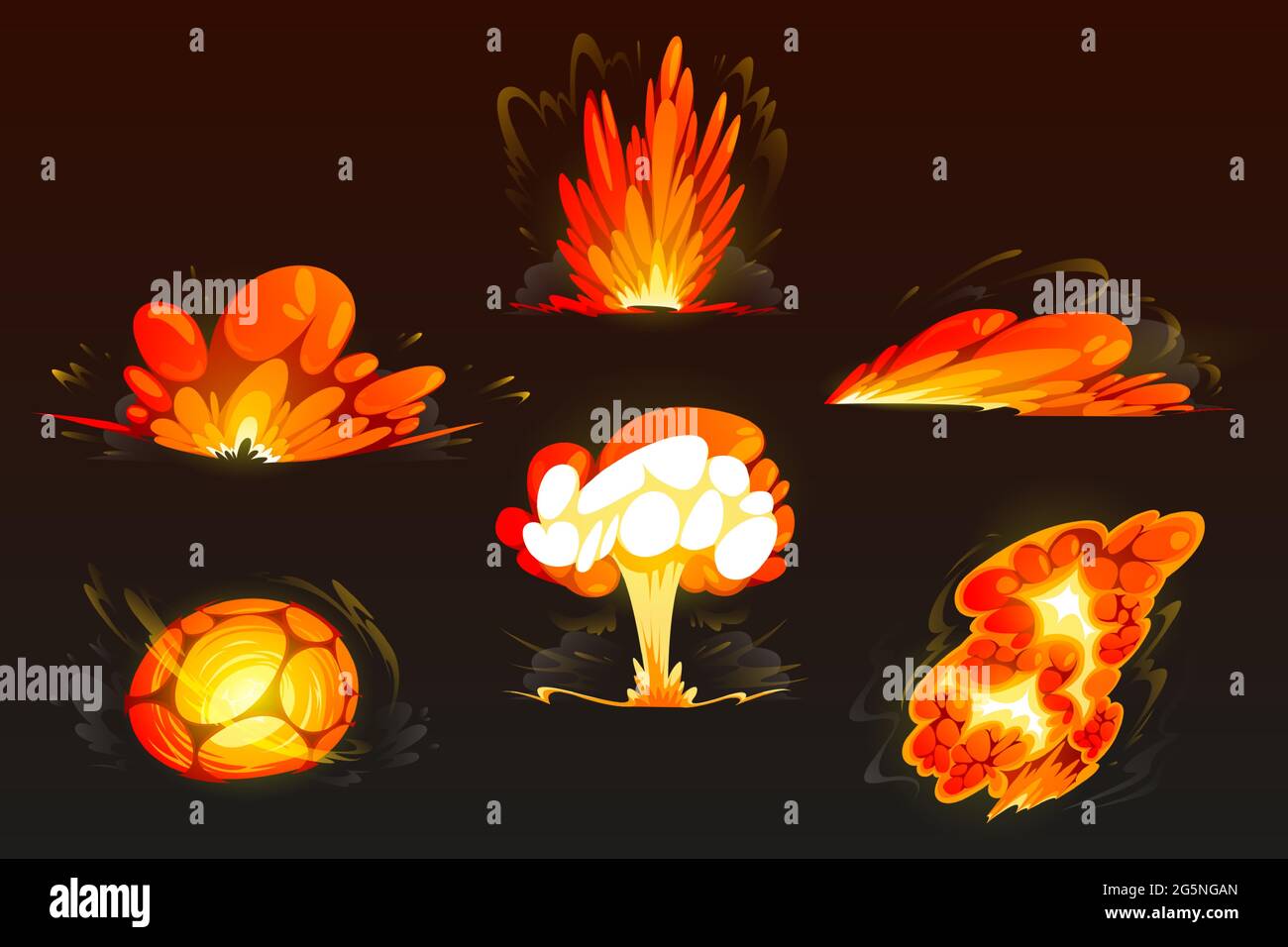 Cartoon bomb explosion set. Clouds, boom effect and smoke elements for ui game design. Dynamite danger explosive detonation, atomic comics fire detonators for mobile animation isolated vector icons Stock Vector
