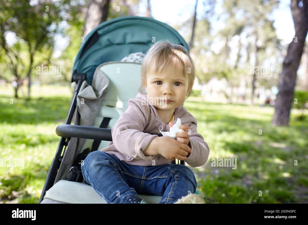Baby in stroller on a walk in spring park. Adorable little girl in ...