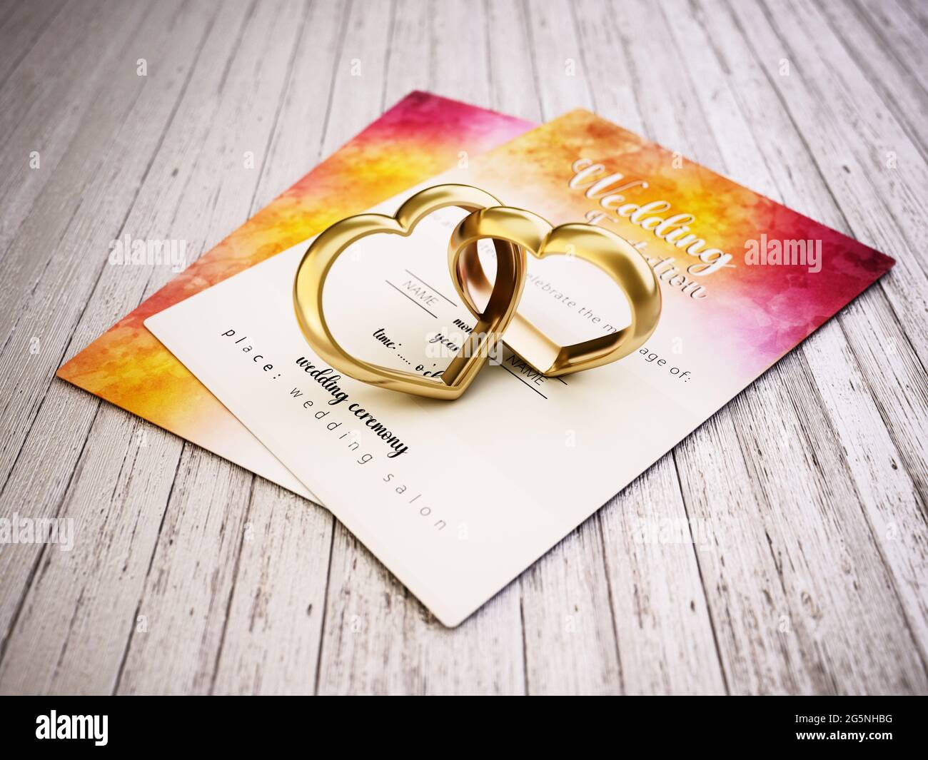 Two attached heart shaped rings standing on old wooden planks next to the wedding invitation. 3D illustration. Stock Photo