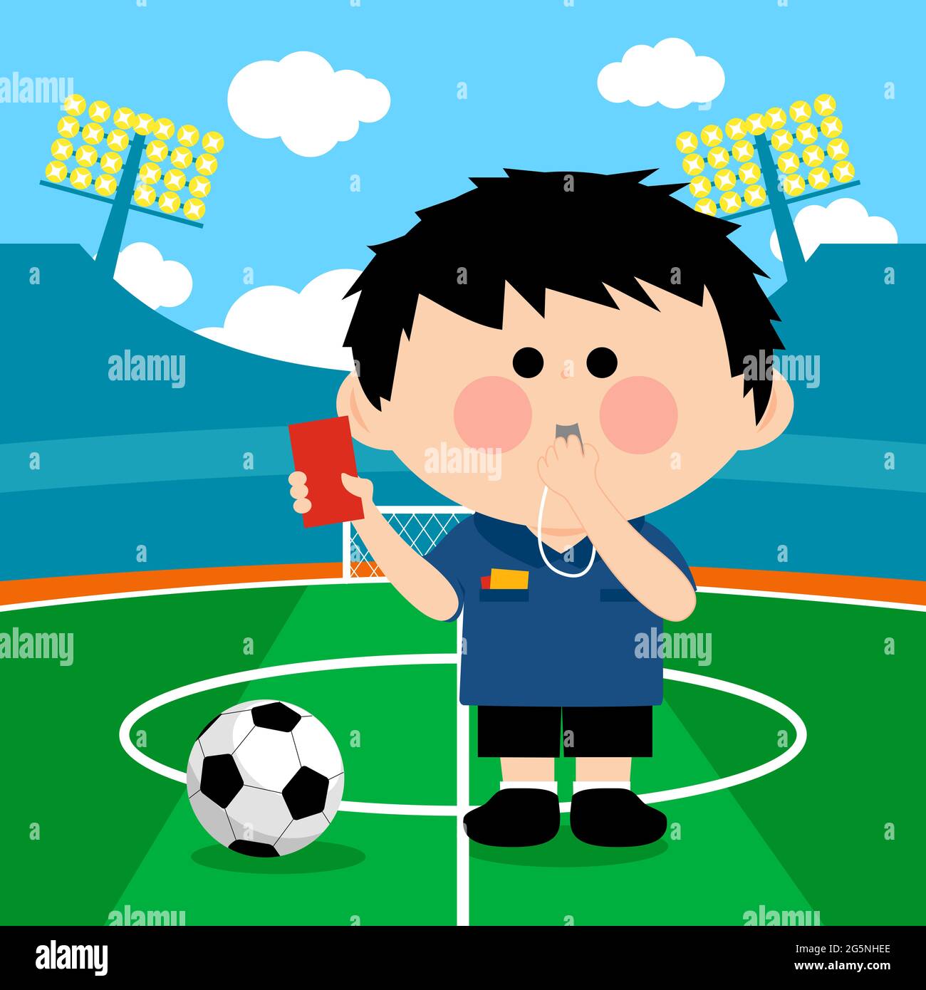 Soccer referee at a stadium blowing a whistle and showing a red card. Stock Photo