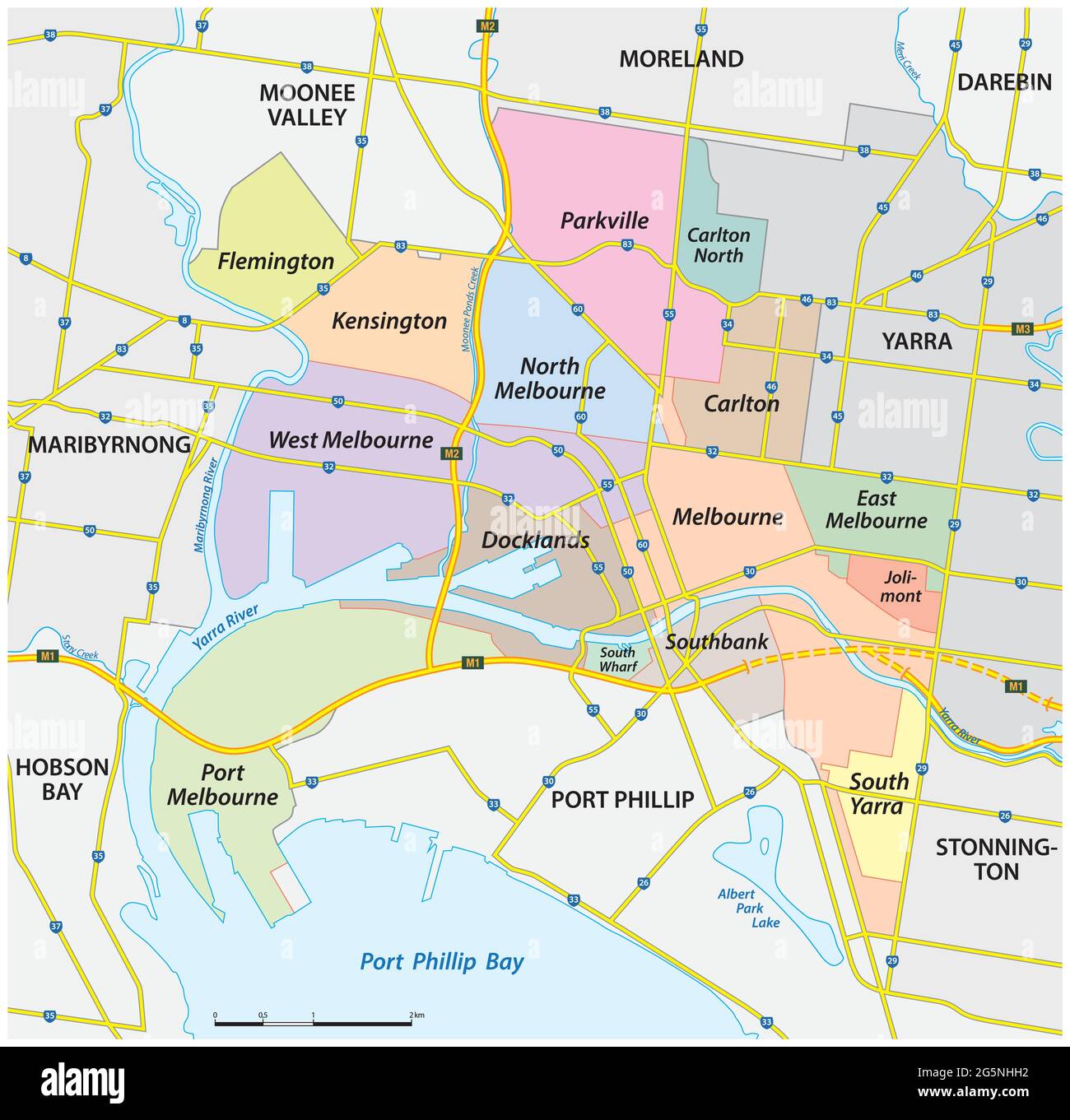 administrative and streets map of the City of Melbourne, Victoria, Australia Stock Vector Image