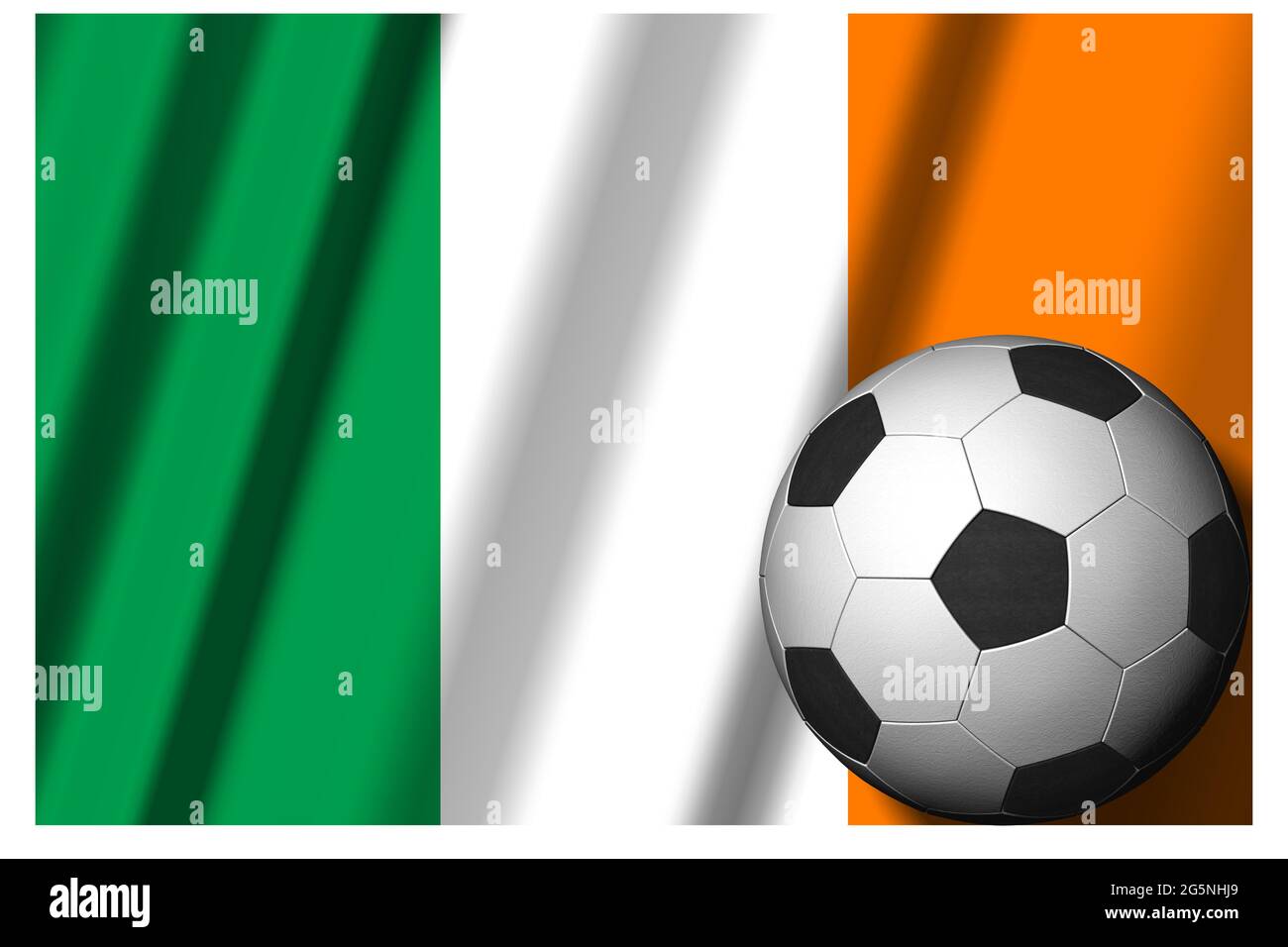 Ireland. National flag with soccer ball in the foreground. Sport football - 3D Illustration Stock Photo