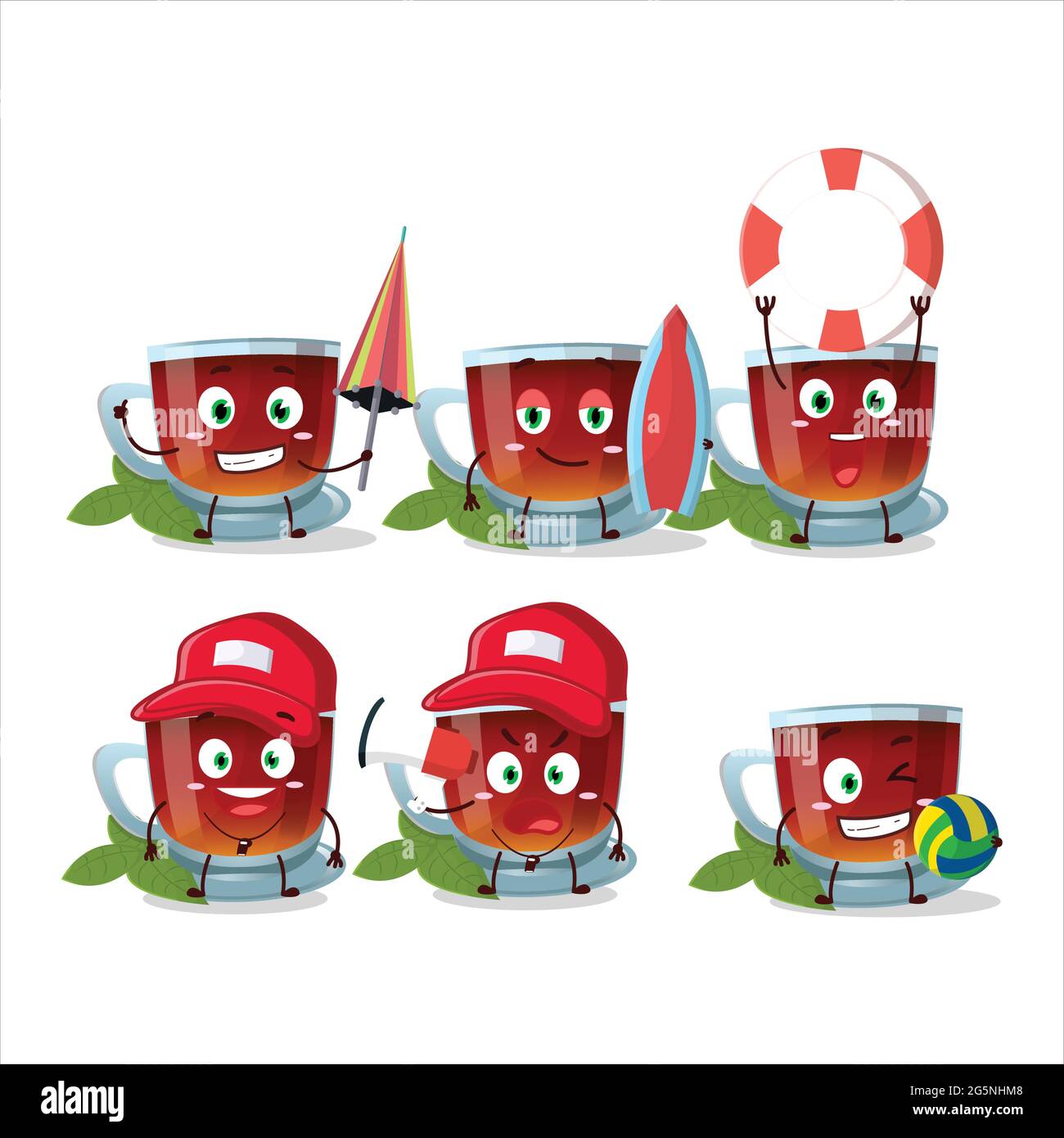 Happy Face mint tea cartoon character playing on a beach. Vector