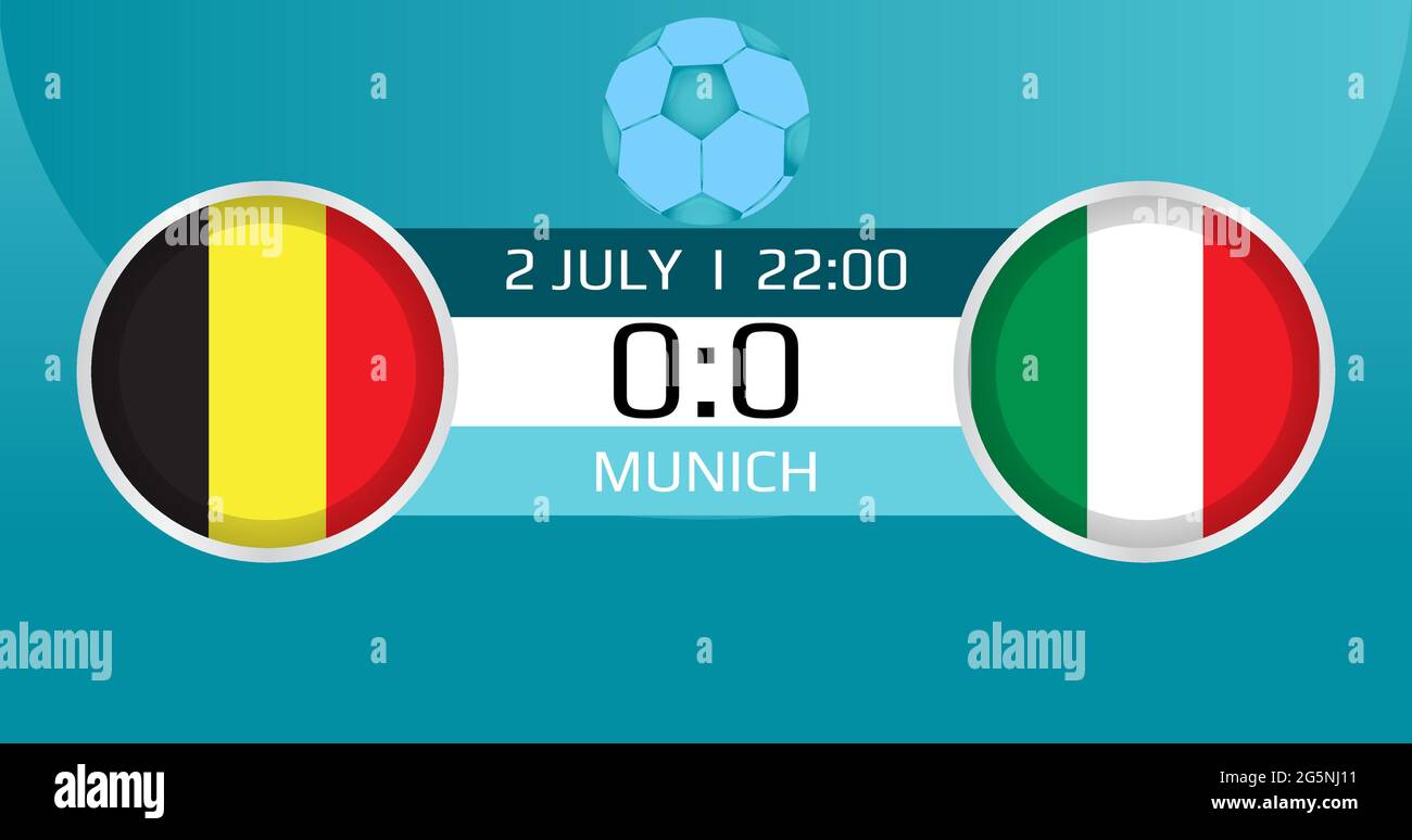 Belgium vs Italy soccer vector. Match score and venue of national football teams of final matches in the European Championship 2020. Stock Vector