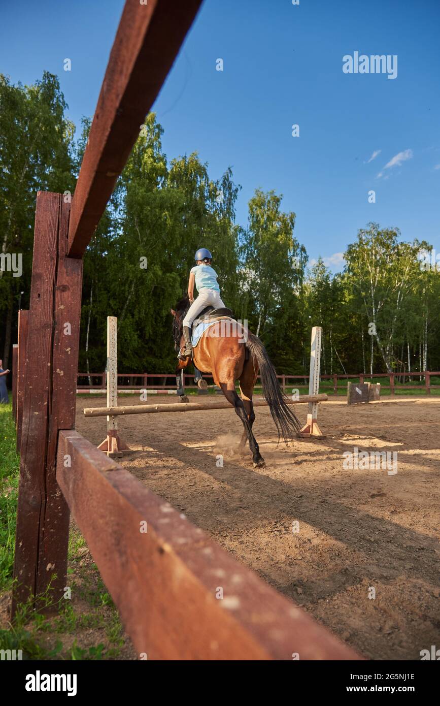 A girl rider on a horse jumps over an obstacle. Equestrian competitions