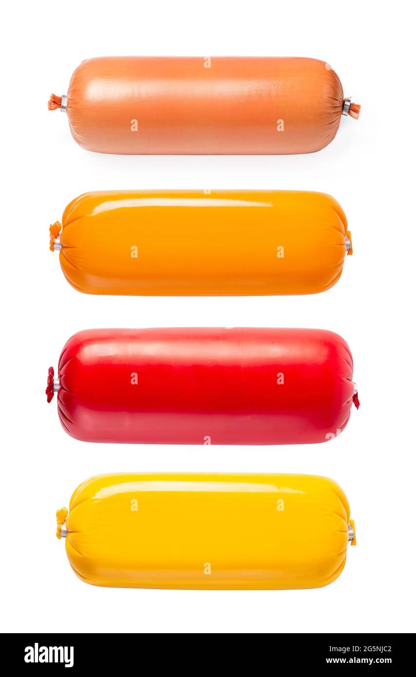 Set of Salami or sausage packed isolated on white background Stock