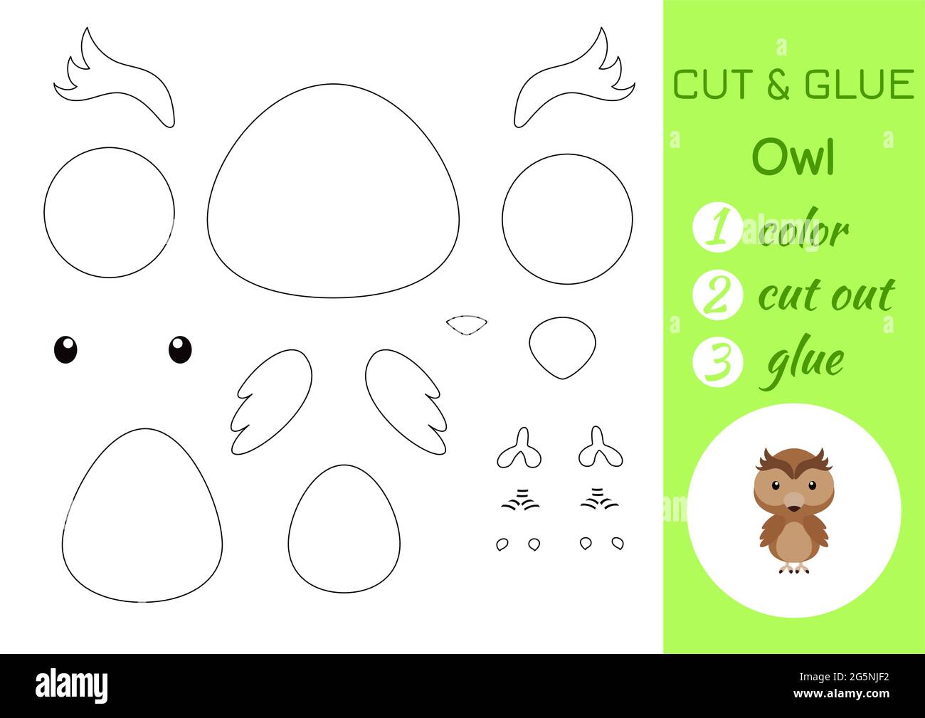 Color, cut and glue paper little owl. Cut and paste crafts activity
